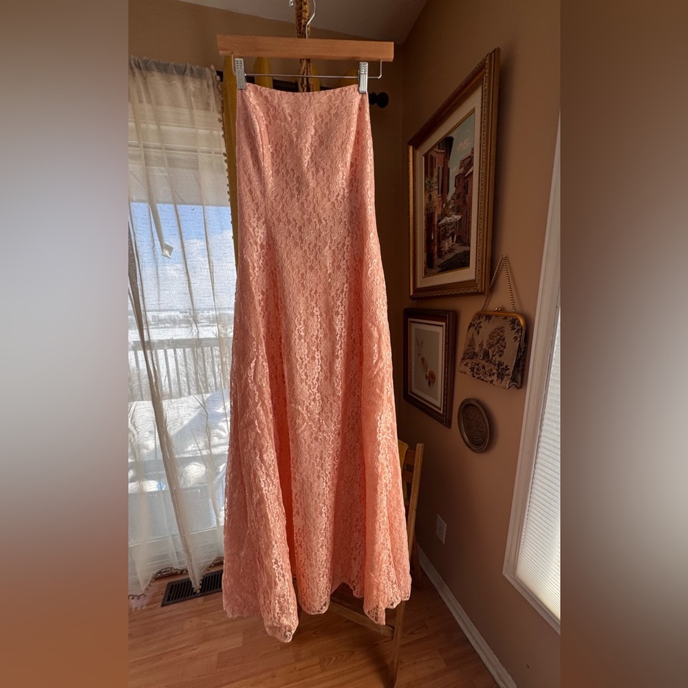 Vintage Galleria Blush Pink Lace Strapless Maxi Dress 1970s Boho Formal Size S